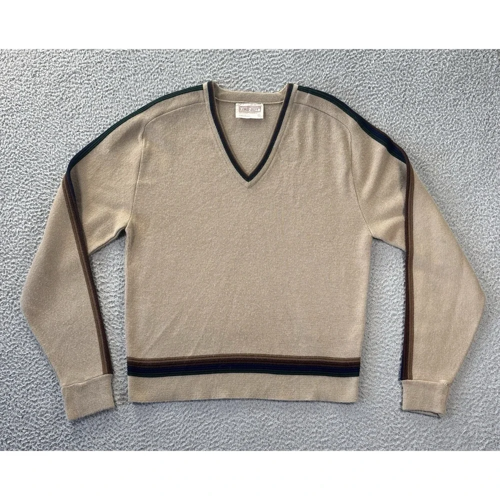 Vintage Lord Jeff‎ Sweater Mens Large Grandpa Grunge Brown Blue Green Striped